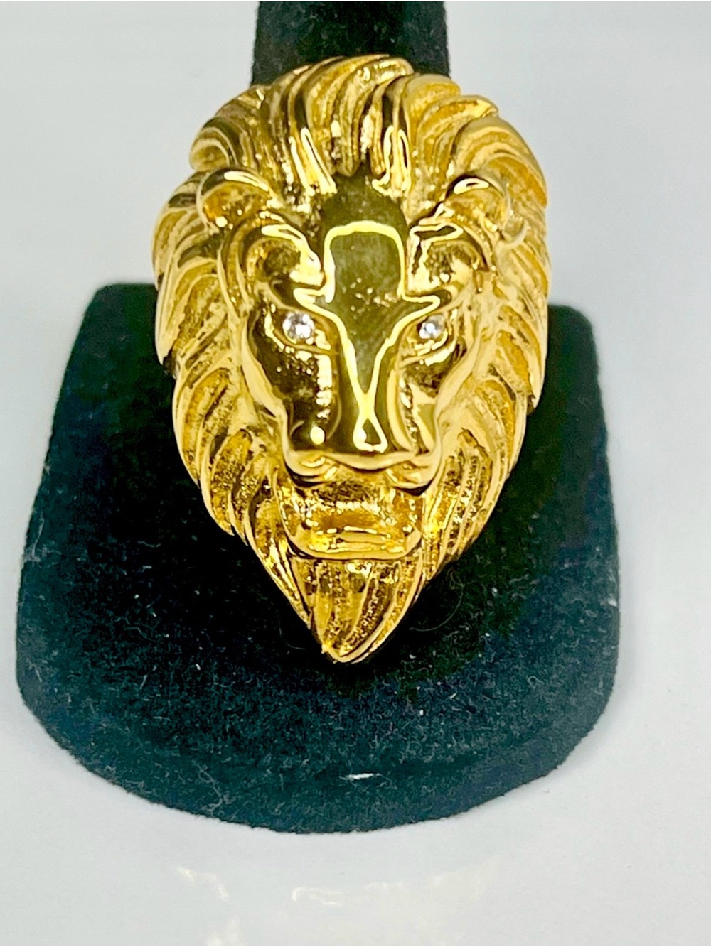 Gold Lion Head Ring with rhinestone Eyes